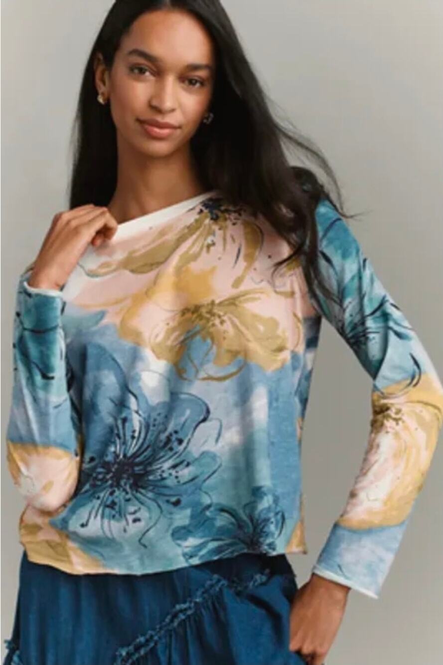 Maeve by Anthropologie Caitlyn Boxy Floral Long Slv Crewneck Top Raw Hem. Size M